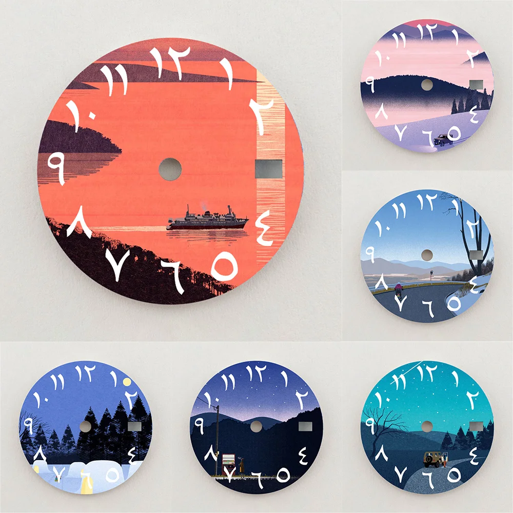 28.5mm Dial NH35 Dial Mountain Camping Travel Graphic Arabic Numeral Dial NH36 Dial Watch Accessories Fits NH35/NH36 Movements