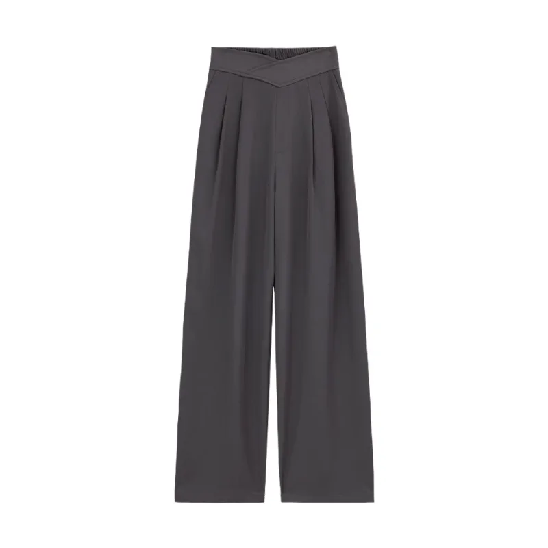 Women High-Waist Gray Wide-Leg Trousers 2025 Spring Autumn Petite Loose Fit Straight Suit Pants Elegant Casual Draped Slacks