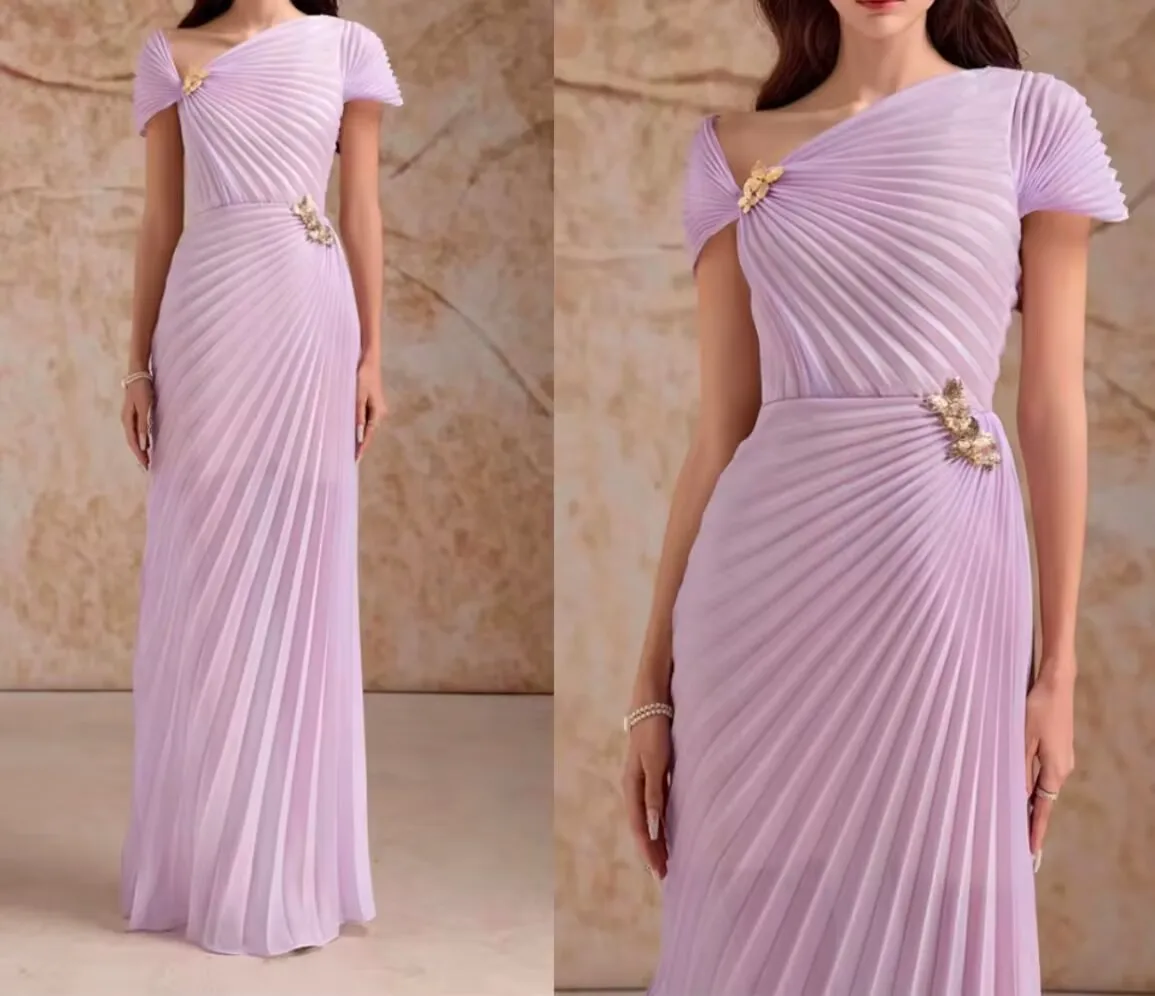 

Customized Portraitstraight Dress Lilac Purple Floor Length Fold Evening Dresses