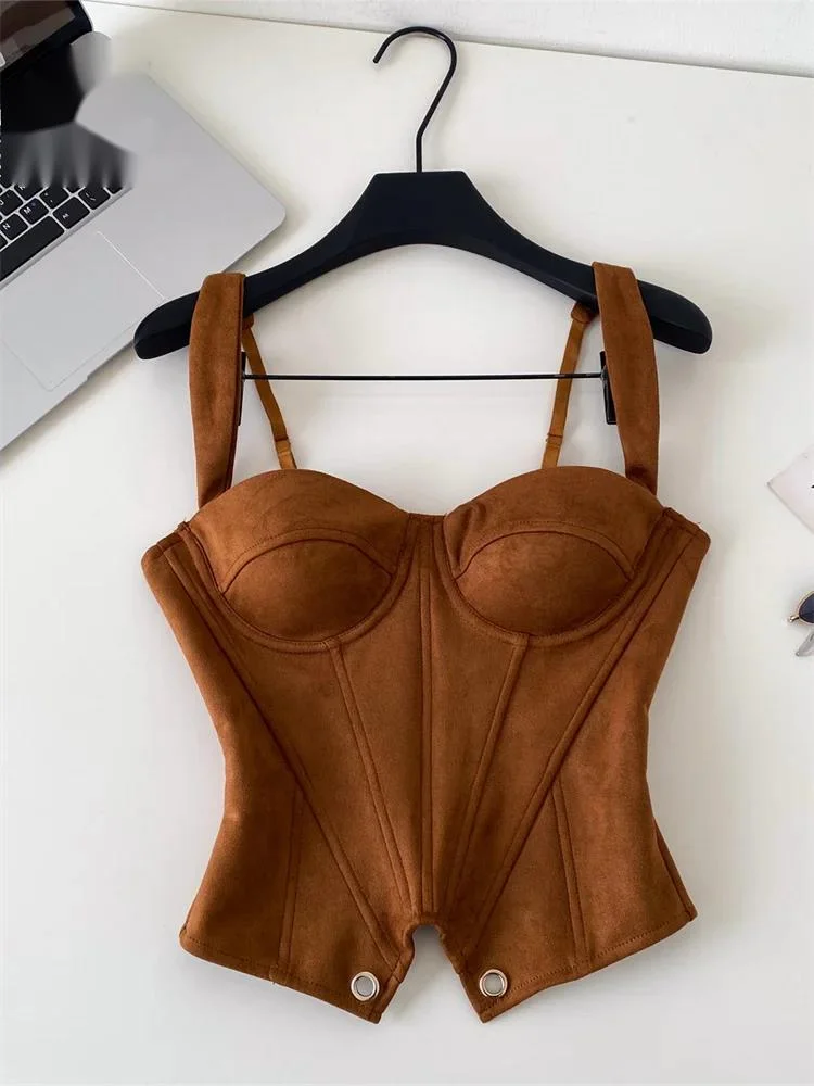 Fake Suede Vintage Top Female American Fashion Sleeveless Slim Zipper Camisole Summer Retro Streetwear Corset Tank Top