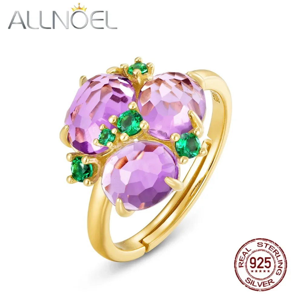 

ALLNOEL 925 Sterling Silver Candy Ring Purple Stone Exquisite Flower Adjustable Rings for Women Fine Jewelry Gift
