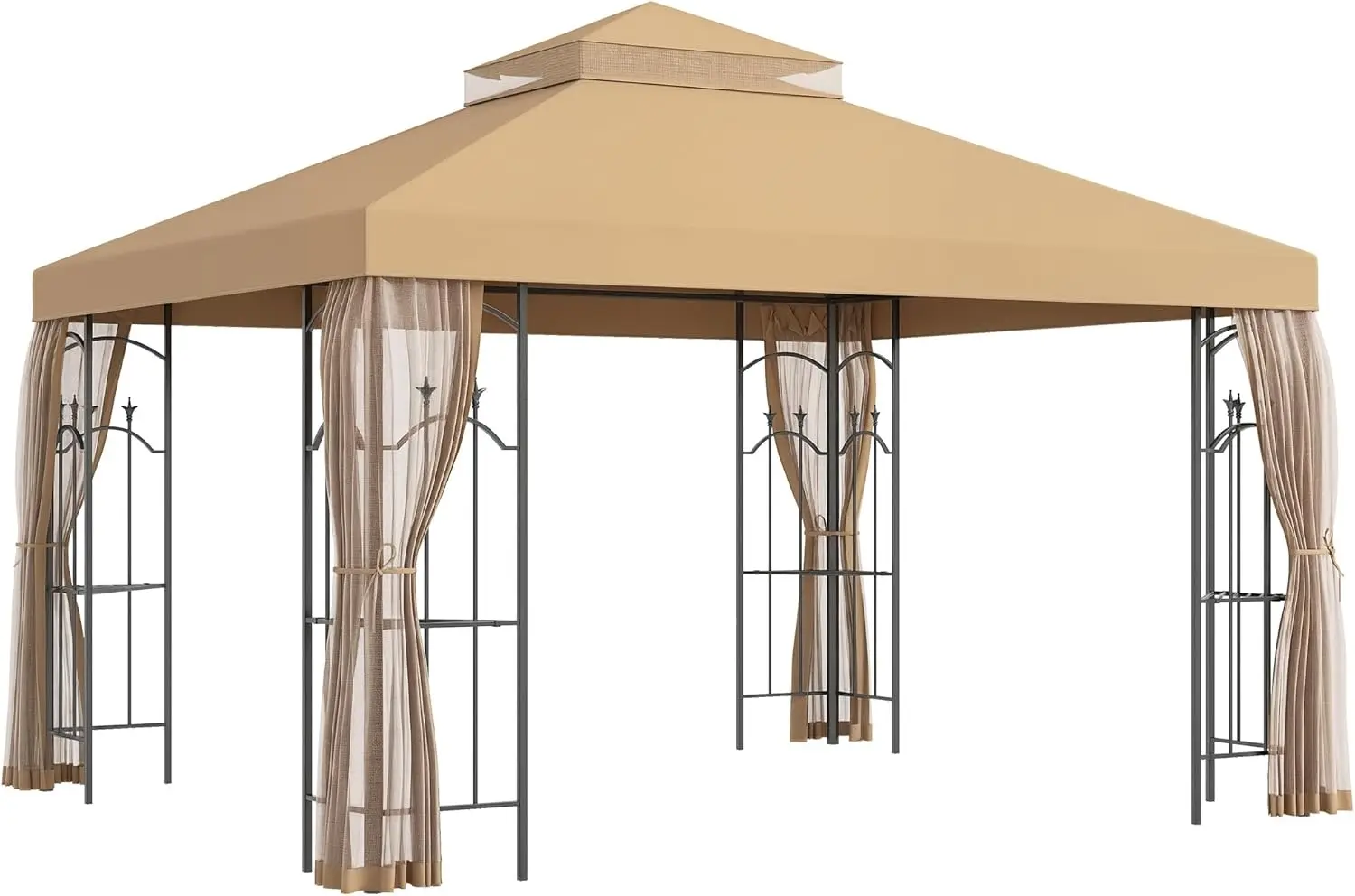 

10' x 12' Patio Gazebo with Corner Frame Shelves, Double Roof Outdoor Gazebo Canopy Shelter, Catering & Events, Brown
