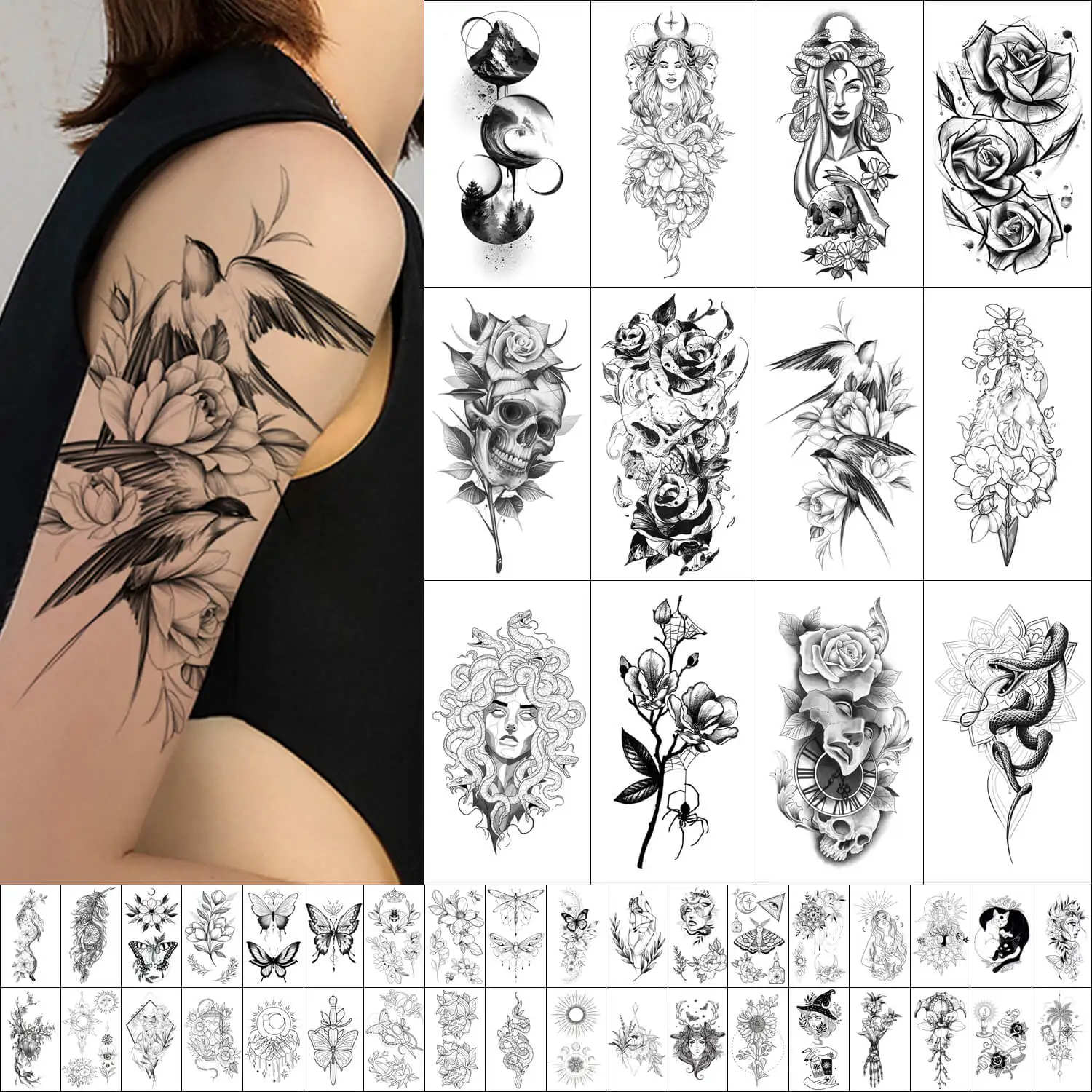 GLARYYEARS Temporary Tattoo for Women, 48-Pack Long-lasting Realistic Tattoos, 12 Large + 36 Small Fake Tattoo Sticker