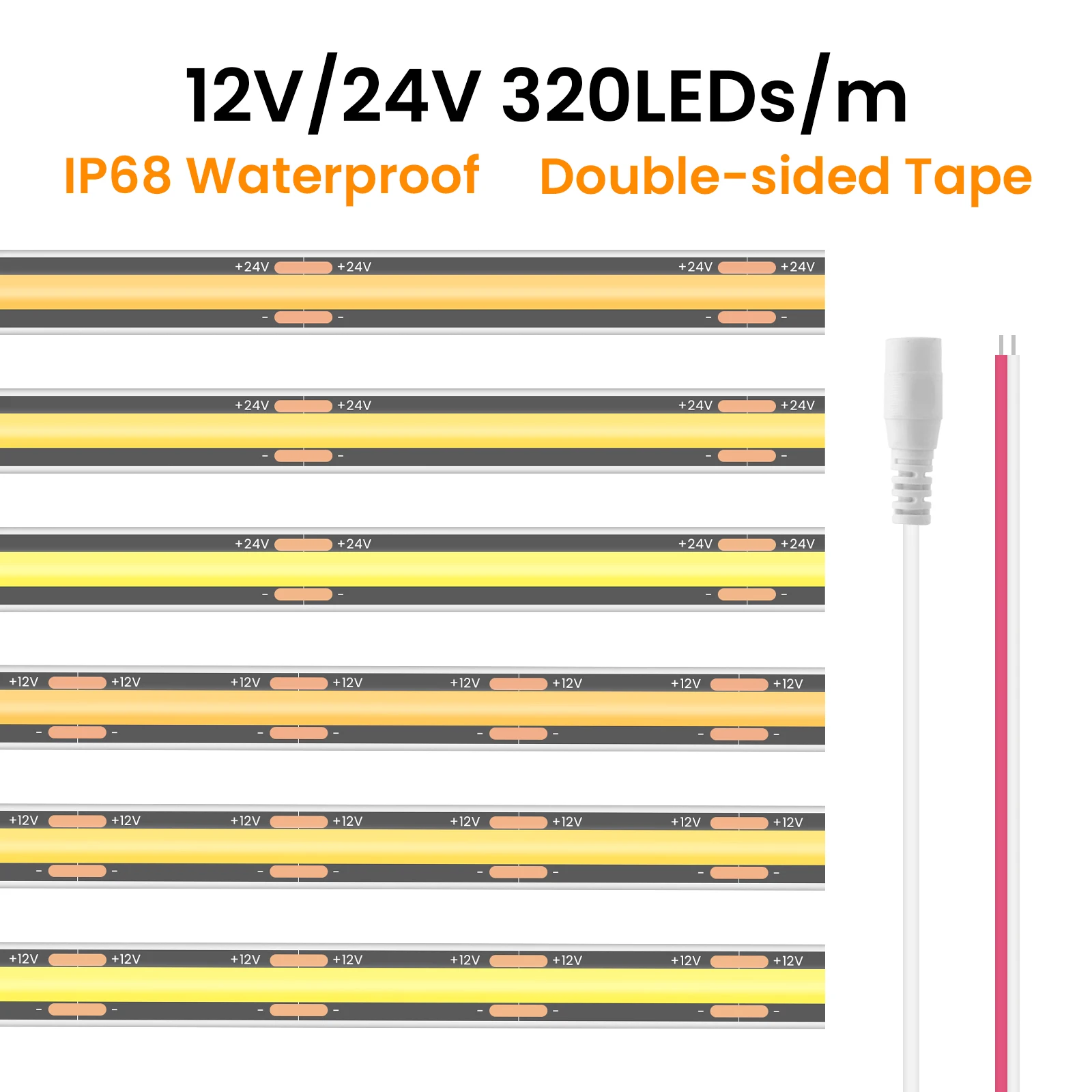 

IP68 Waterproof COB LED Strip Black PCB 12V 24V 320LEDs Flexible LED Tape Ribbon Neon Rope Linear Light for Outdoor 0.5-10M