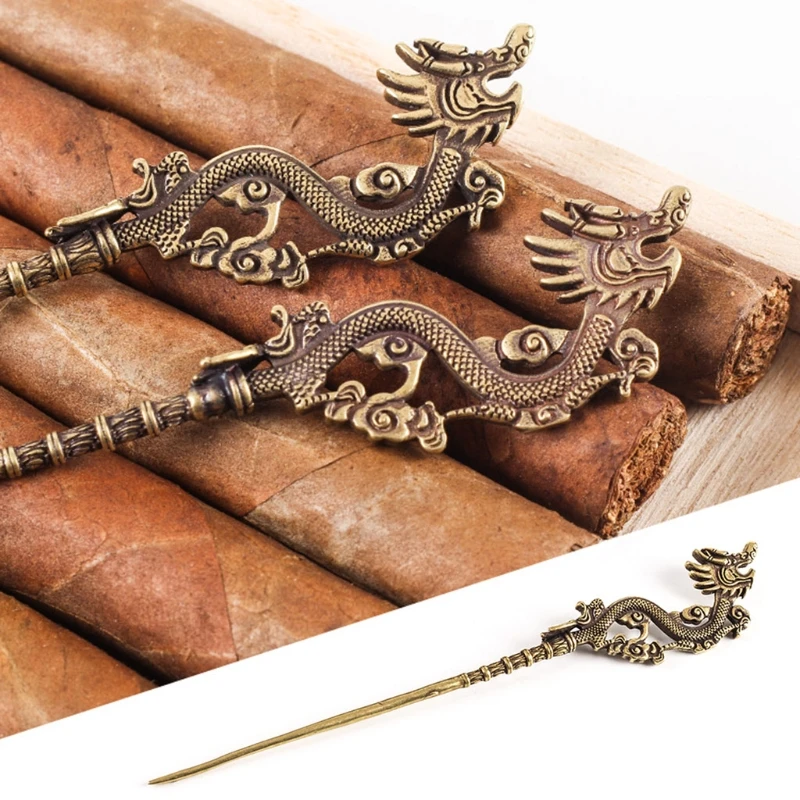 Retro Metal Dragon Carving Cigar Draw Tool Vintage Portable Dredge Drilled Engraving Ventilation Needle Enhancer Knife