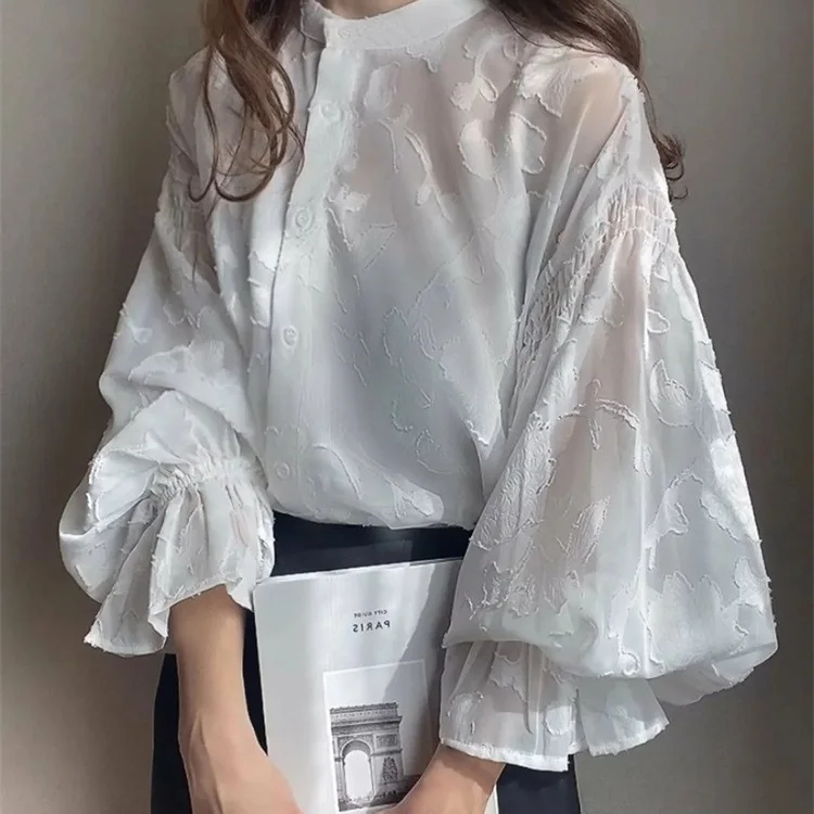 일본 라쿠텐 여름 신상 플로럴 자카드 랜턴 슬리브 투명 셔츠