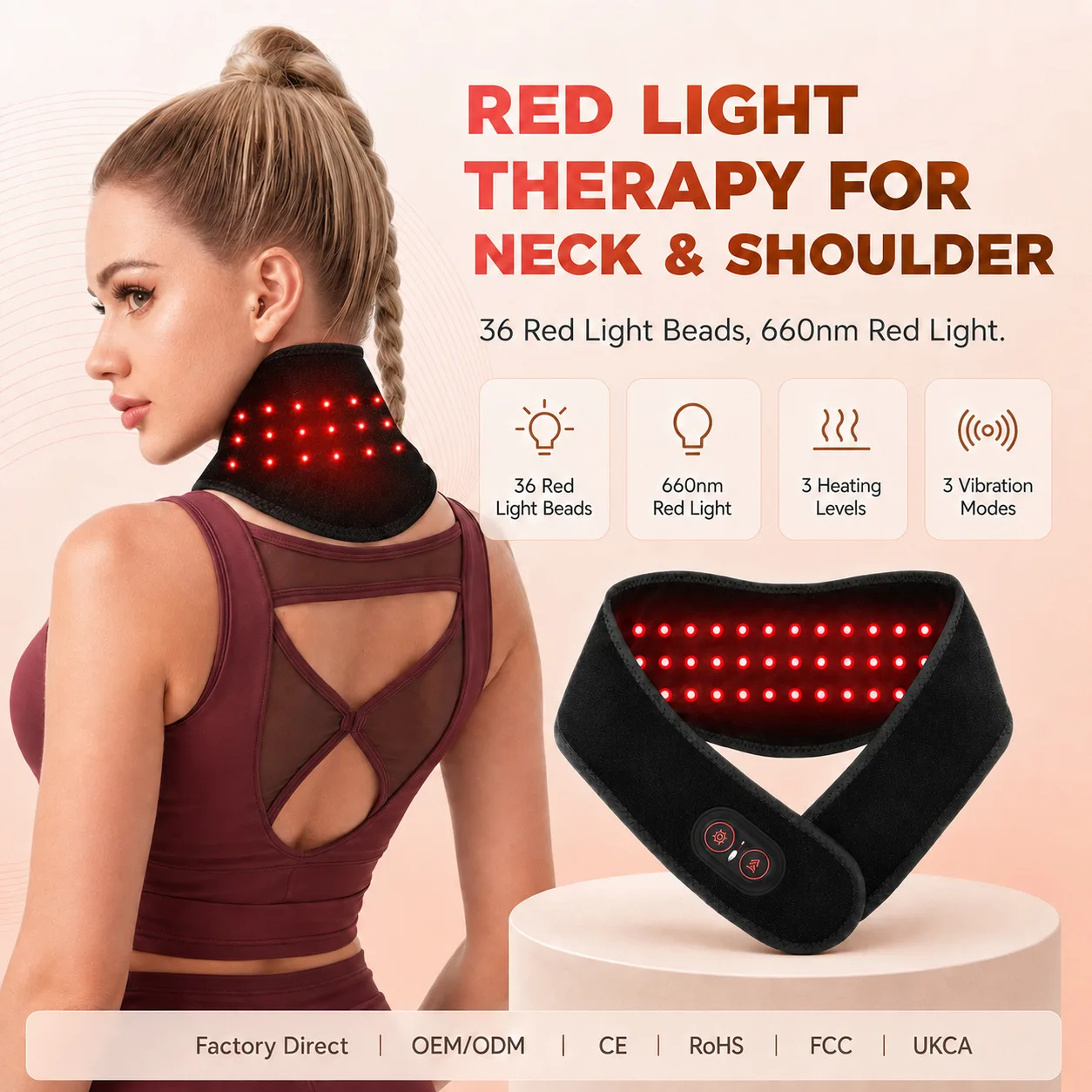 36 LED Beads Electric Heating Neck Belt 660&850nm Infrared Neck Cervical Protection Neck Vibration Massage Heated Pad