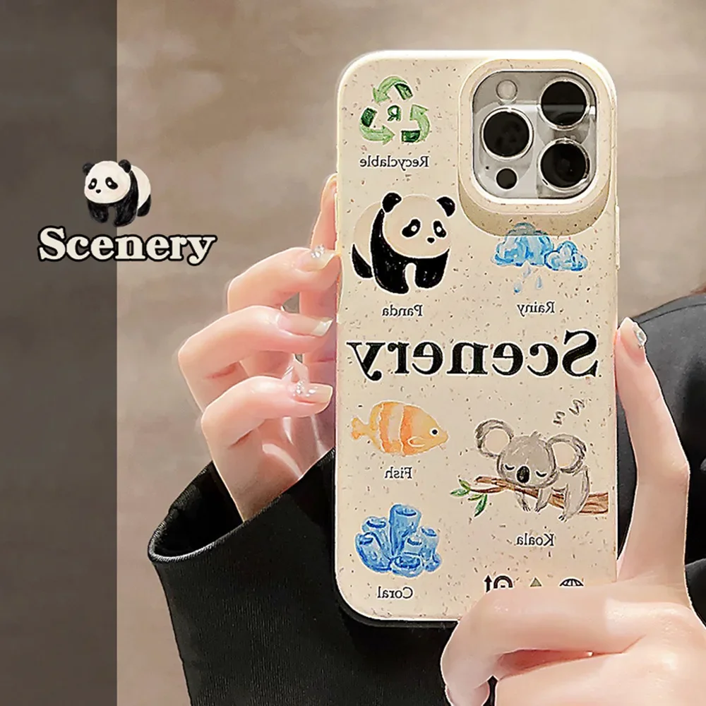 Panda koala coral oil painting Retro Phone case For iPhone 14 13 12 11 Pro Max Xr Xs 14 Plus case Cute Sweet cartoon Soft cover