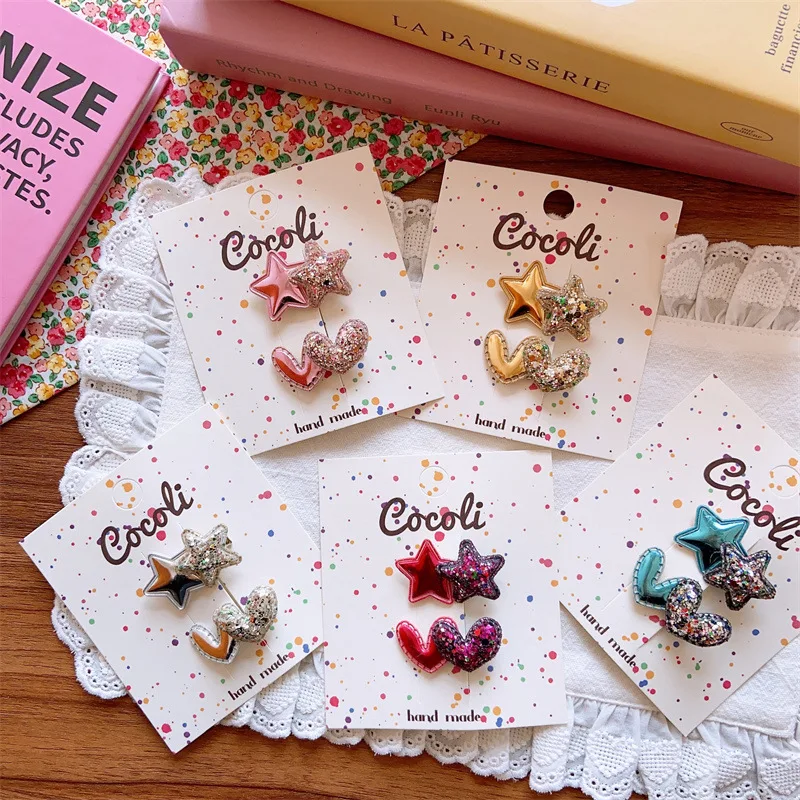 Glitter Alligator Clips for Girls Two Tone Star Heart Mini Small Snaps Non Slip 2 Pcs