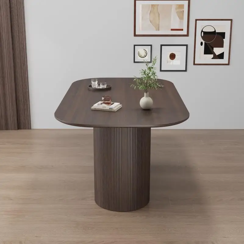 طاولة طعام بنية MDF مقاس 63 بوصة، حافة عادية، مقاعد 4-8، أرجل مخططة عمودية، بلوزة سميكة أنيقة، مثالية للاستخدام المنزلي والمطبخ