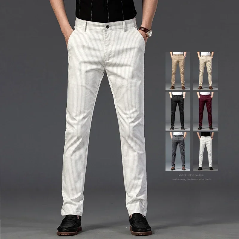 

Pop Straight Striped Business Casual Pants Men Elastic Soft Fashion British High Quality Male Trousers Classic Black Khaki Gray