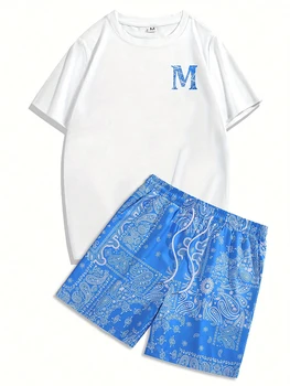 2 ピースメンズサマーセットファッションメンズ半袖 T シャツとペイズリープリントショーツヴィンテージエスニックプリントメンズビーチパンツ