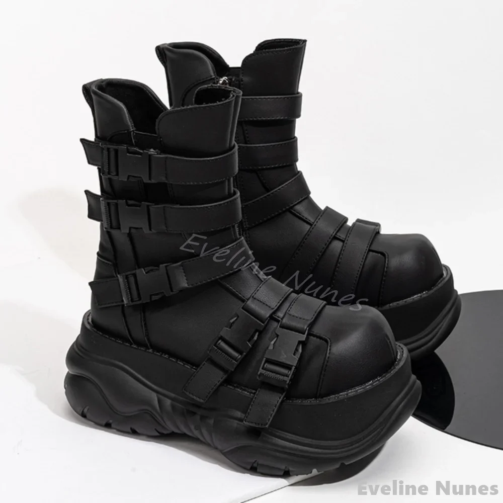 Platform Buckle Strap Motorcycle Boots Women Black Side Zipper Big Toe Mid Calf Boots 2025 New Punk Rock Style Hottie Work Boots