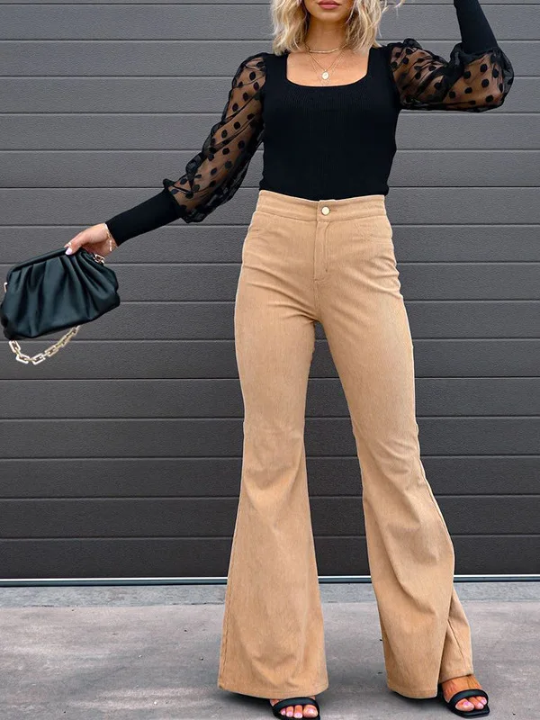 Women's Cleanfit Cotton Velvet Pants Spring Autumn Pure Color Slimming Trousers Medium Waist Micro Flared Zipper Casual