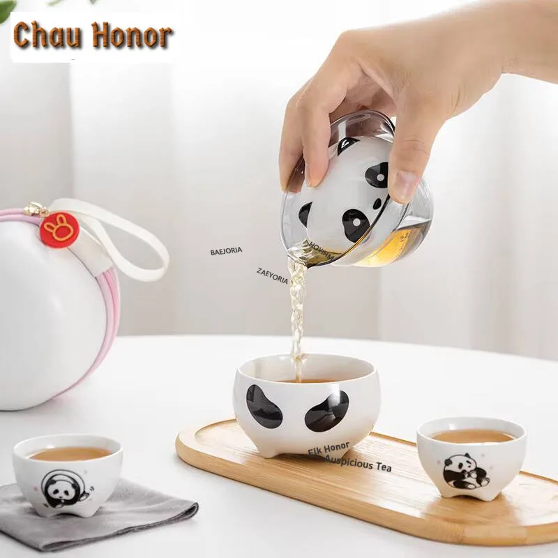 Cute Panda Tea Set Kit Boutique 1 Pot 3 Cups Household Tea Maker Pot Travel Tea Set Camping Portable Handbag Teaware Ornaments