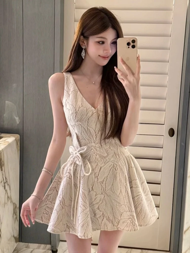 

Stazf7 Lace Waist Cinching Dress Women Summer Elegant Lady Short Skirt V-neck Sleeveless French Style High Waist A-line Dress
