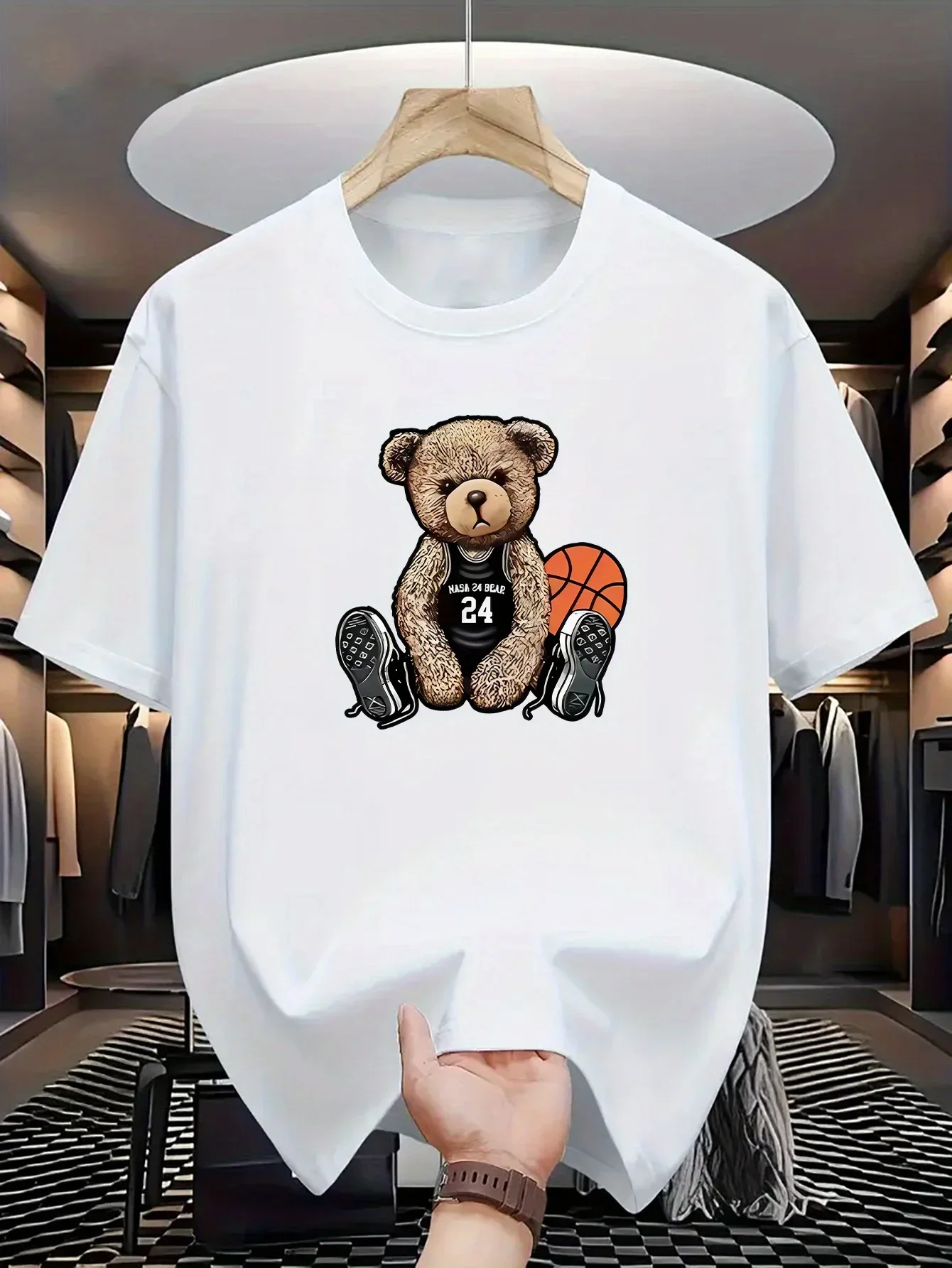 Men Womens Kids Casual Crew Neck T-Shirt with Basketball & Bear Print Slight Stretch Summer Fashion Top Regular Fit