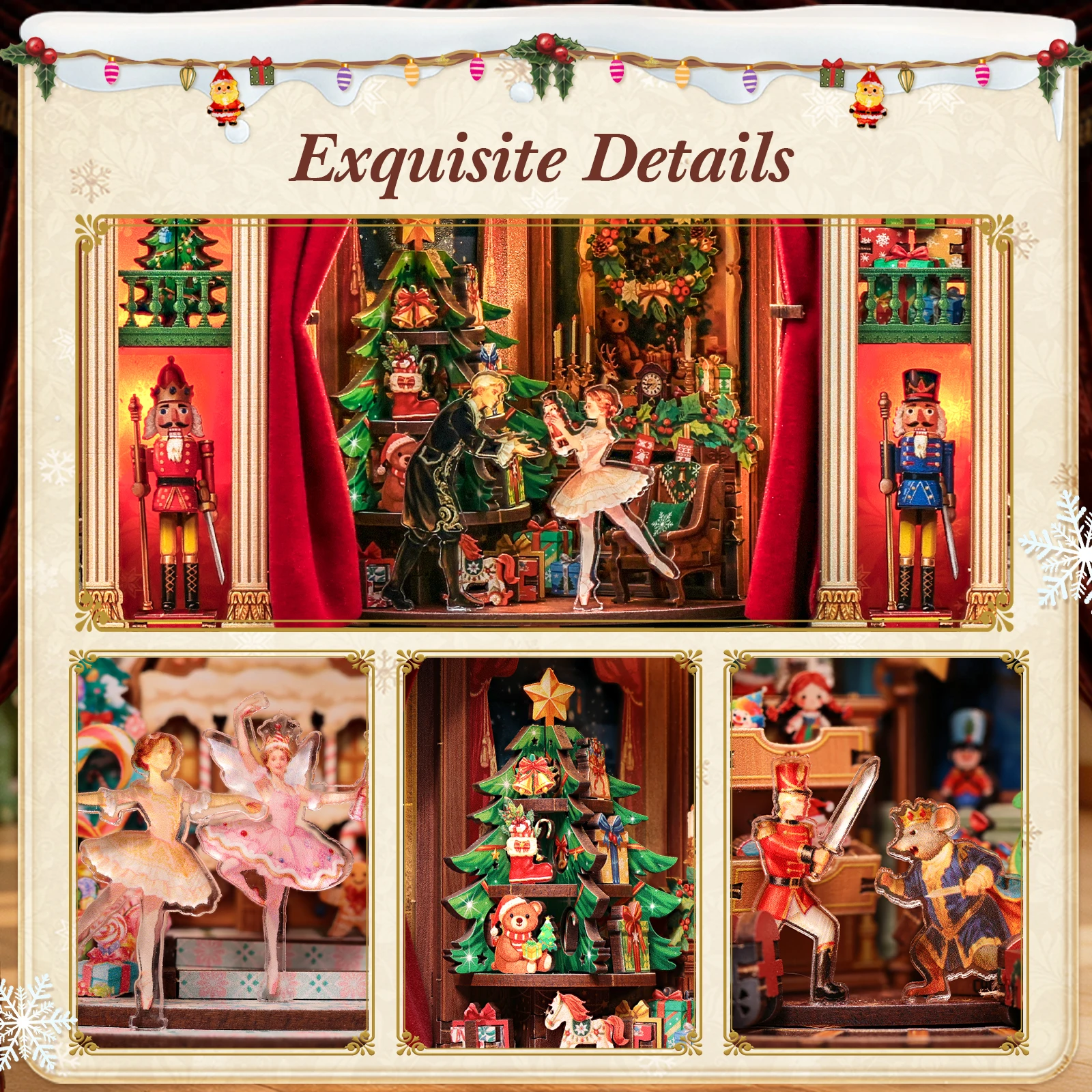 Original 387pcs CUTEBEE 3D Wooden Puzzles Music Box DIY Theater Model Kit with LED Rotating Miniature House Kit Home Bookshelf
