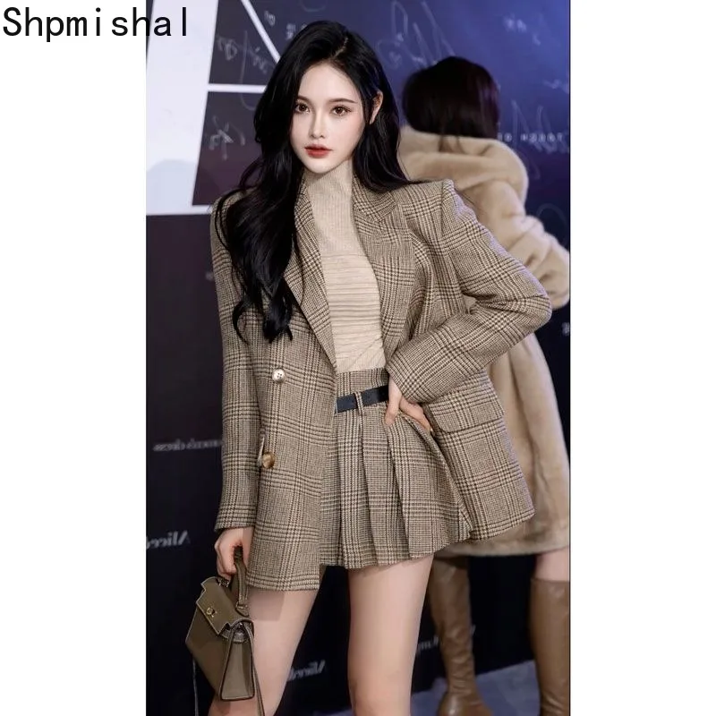 2023 Korean Fashion New Early Winter Loose and Casual Pleated Skirt British Suit Checkered Jacket Two-piece Set Female Clothing