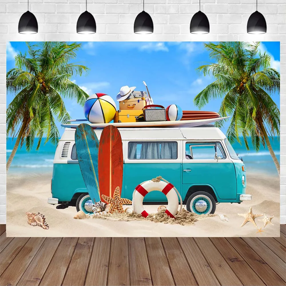 Mocsicka ฤดูร้อน Beach ฉากหลังกระดานโต้คลื่น Van Palm Tree Holiday Seaside ถ่ายภาพพื้นหลังภาพเด็กทารก Photocall Photobooth