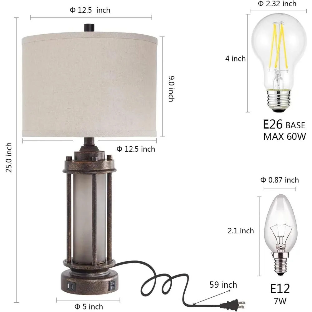 Set of 2 Farmhouse Lamps for Living Room, Rustic Vintage Bedroom Nightstand Table Lamp with 2 USB Charging Ports, Built-In