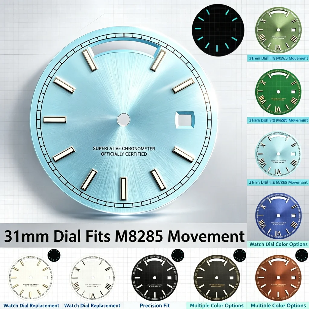 31mm Day Date Dial - Blue-Green Luminous Watch Face - Fits M8285 Movement - Men's Watch Mod Parts