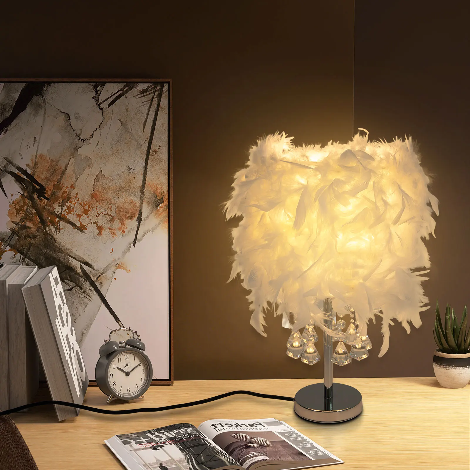 

Элегантная настольная лампа ручной работы с перьями и хрустальными акцентами — декоративная настольная лампа 110 В для интерьера дома и офиса
