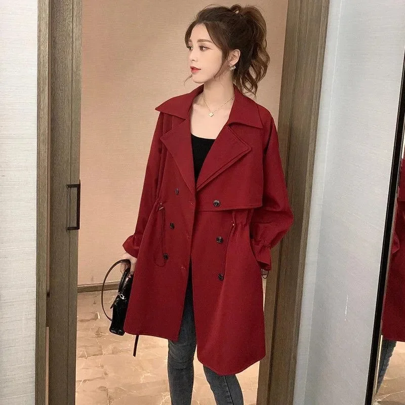 

Spring New Women's Thin Coat Korean Fashion Drawstring Windbreaker Women Mid length Version Suit Collar Top
