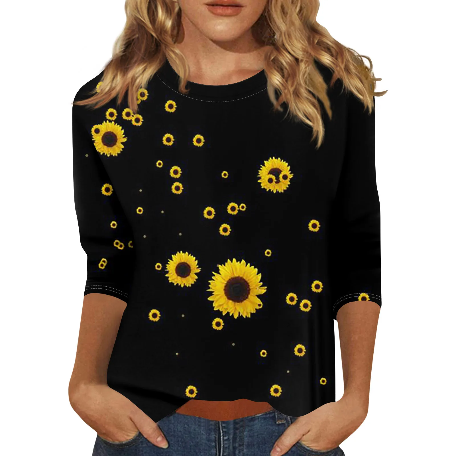 Women\'s t shirt Sunflower print Loose Casual blouse Floral Print Round Neck Three-quarter Sleeves Daily Versatile tops camisetas