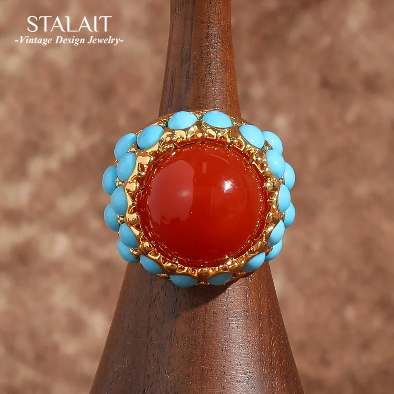 

Vintage Blue Ring Sapphire Turquoise Red Agate Jewelry Candy Natural Stone Accessories For Women Luxury Quality Designer 2025
