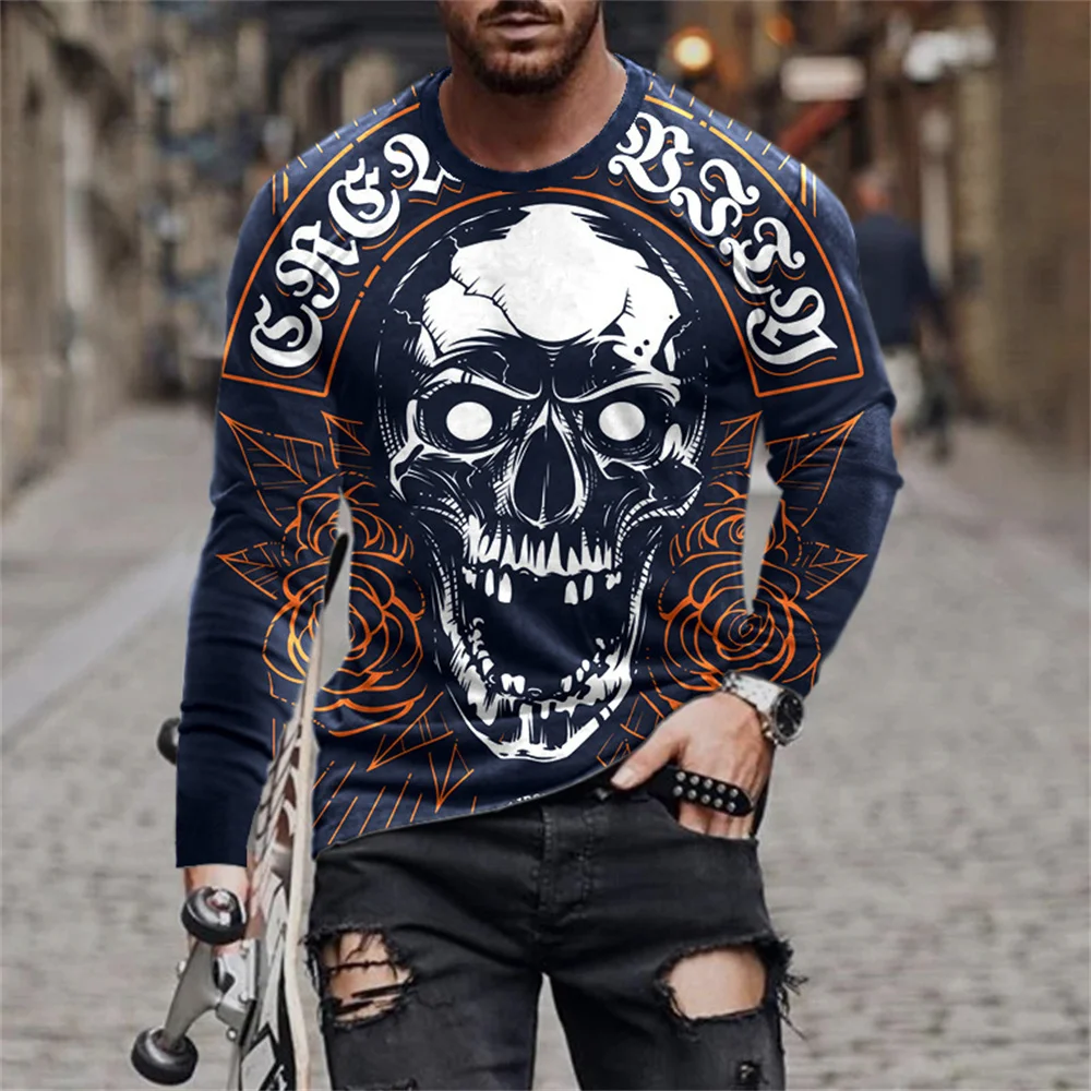 Horror Skull Head Print Graphic T Shirts Fashion New Men\'s Long Sleeve Round Neck T-shirt Retro Streetwear y2k tops