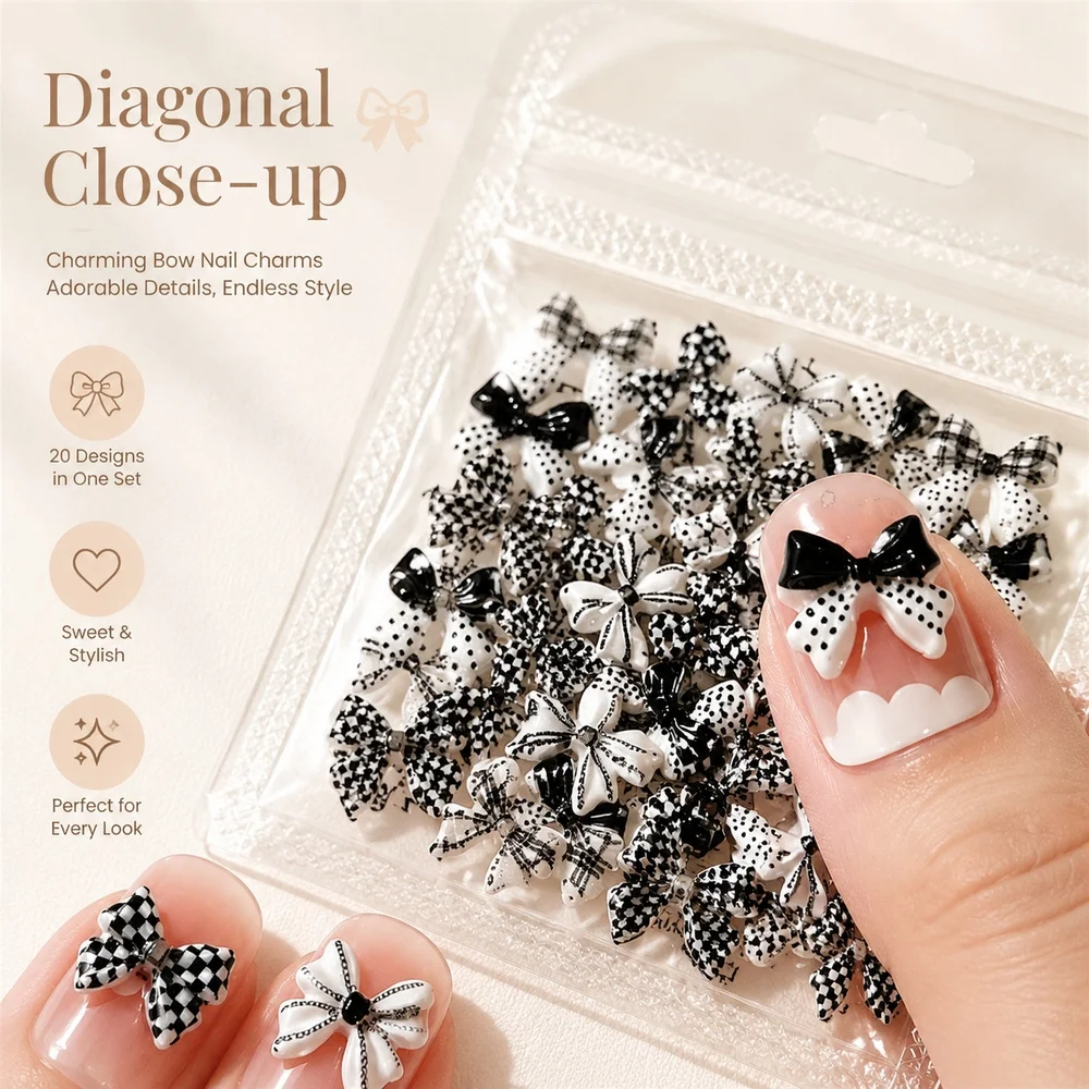 50Pcs DIY Manicure Bow Nail Charms Black‑White Plaid Polka Dot 3D Stereo Resin Decorations For Nail Art Making Accessories