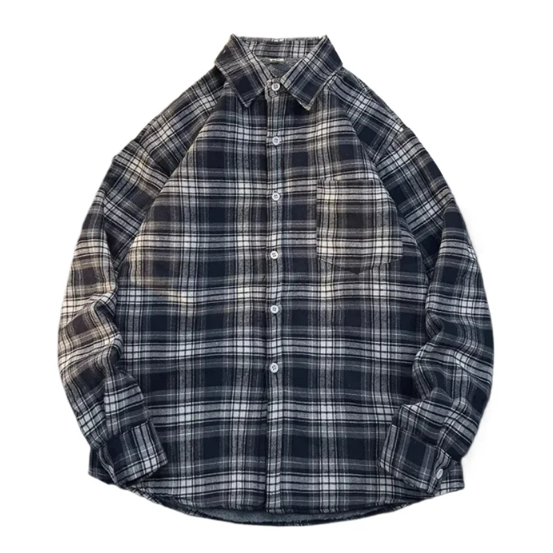 KIDWHXR 2026 Autumn Winter Man Plus Velvet Thick Warm Plaid Shirt Men Long Sleeve Men Coat Retro Loose Casual Male Shirt Jacket
