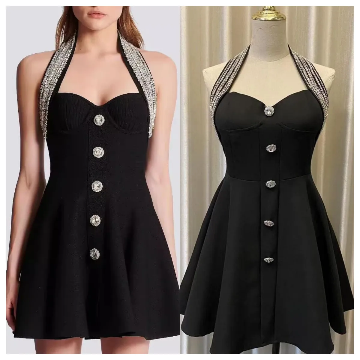 

Tesco New Summer Women's Black Luxury Dress Sleeveless Halter A Line Dress With Rhinestone 2024 Elegant Mini Party Dress vestido