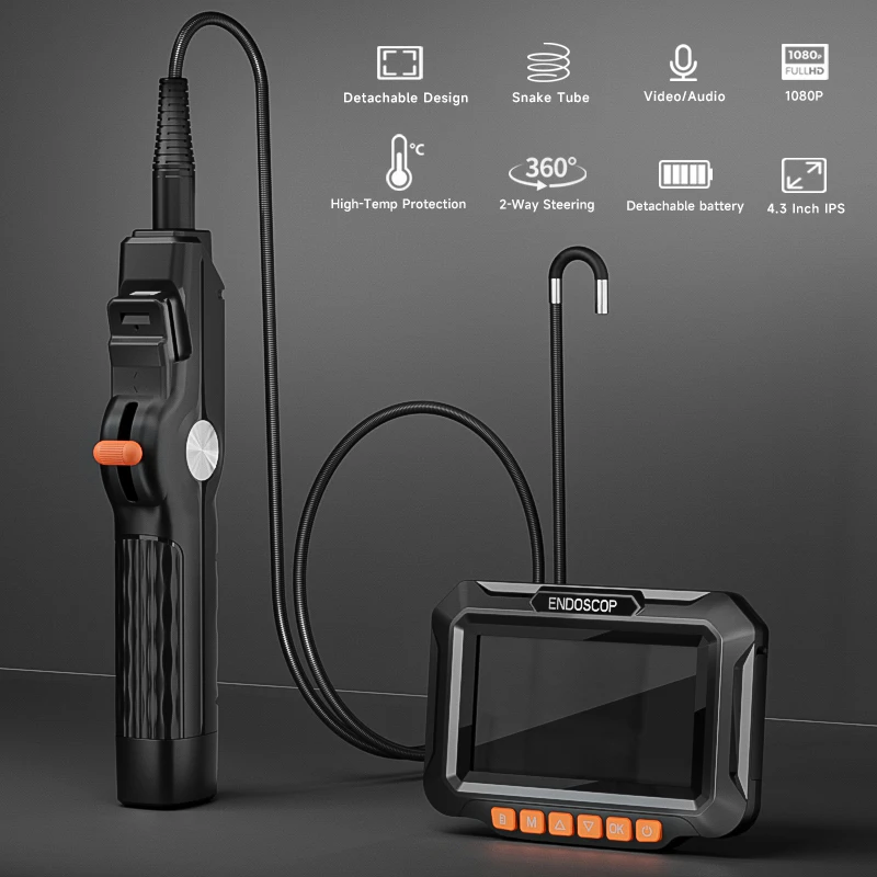 

2-Way Articulation Industrial Endoscope 1080P with 4.3-inch IPS Screen Borescope Detachable Design Inspection Camera for Piping