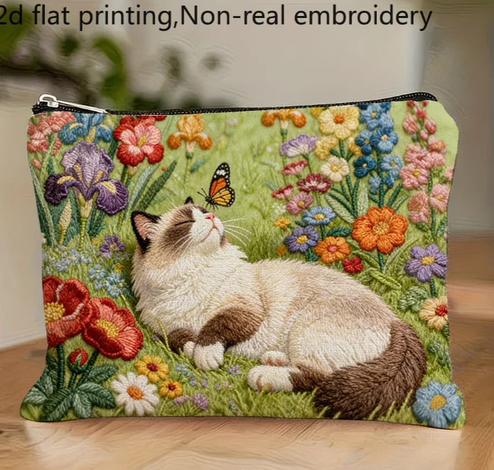 A Cute Double-Sided Printed Makeup Bag Featuring A Cat and Butterfly Convenient Zipper for Easy Access Stationery, Small Additio