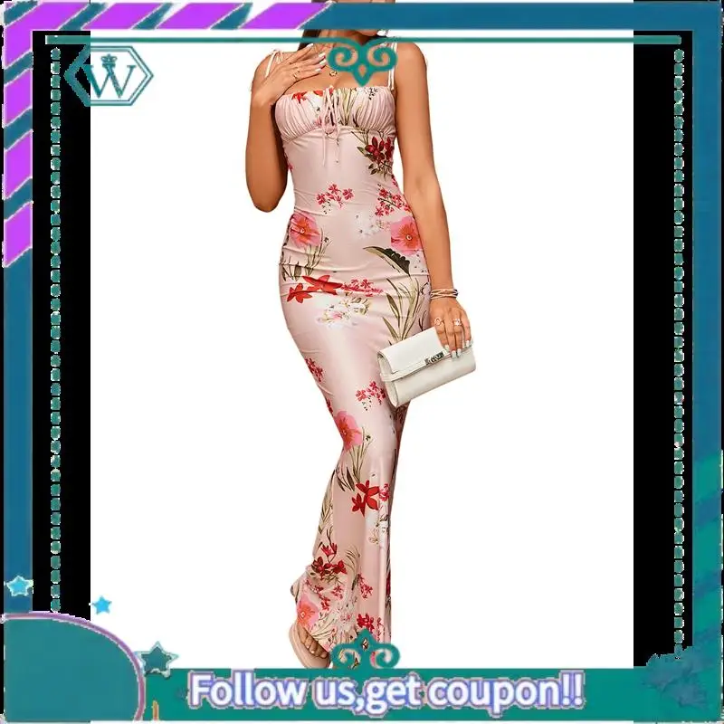 A09P Women's Summer Floral Bodycon Maxi Dress Spaghetti Strap Sleeveless Bohemian Maxi Dress