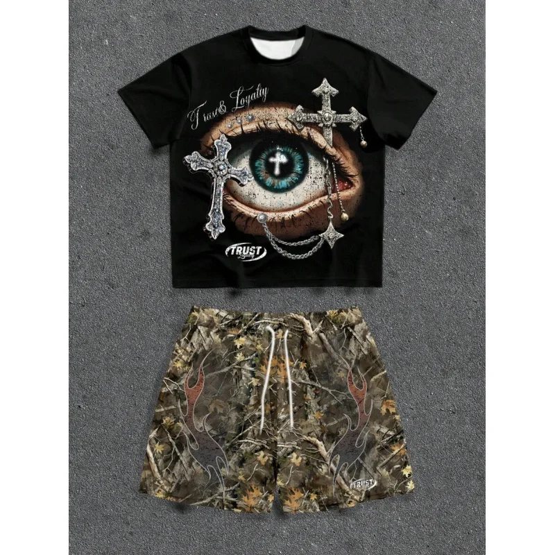 Men's Summer Casual Eye & Cross Print Short Sleeve T-Shirt And Branch Print Drawstring Waist Shorts Set