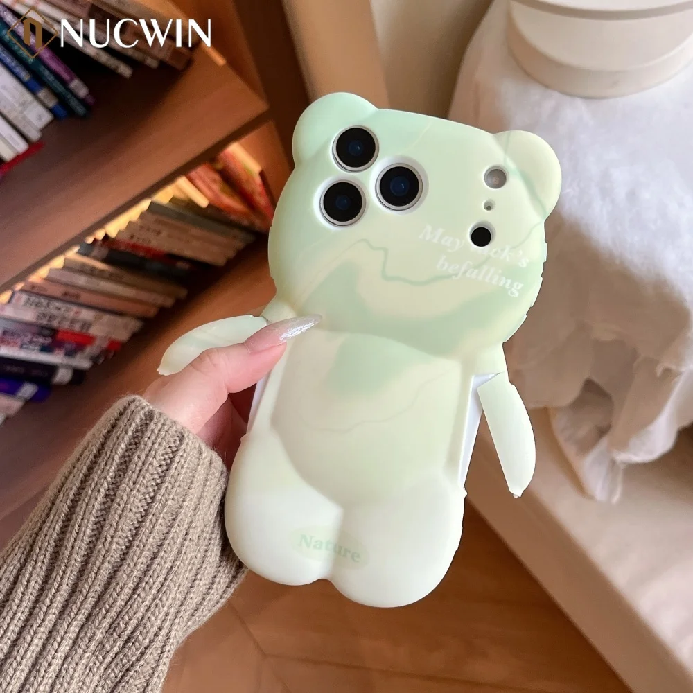 Capa de Urso Verde Gradiente 3D Fofa para iPhone 17 Pro Max 16 15 14 13 12 11 Pro Max Plus com Braço Articulado Ajustável e Capa Macia