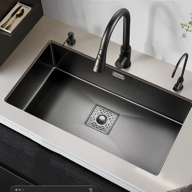 Black Kitchen Wash Basin Nano Sink Large Single-slot 304 Stainless Steel Sink Above Counter/Udermount Drain Faucet Accessories