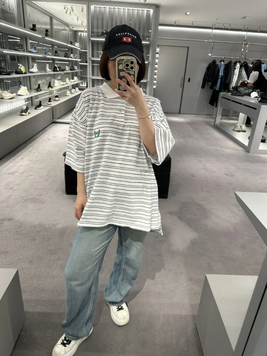 Paris 25SS Double B Barley Stripe Embroidery Loose Unisex  Shirt Short Sleeve Women's Fashion Cotton Thickened Striped 