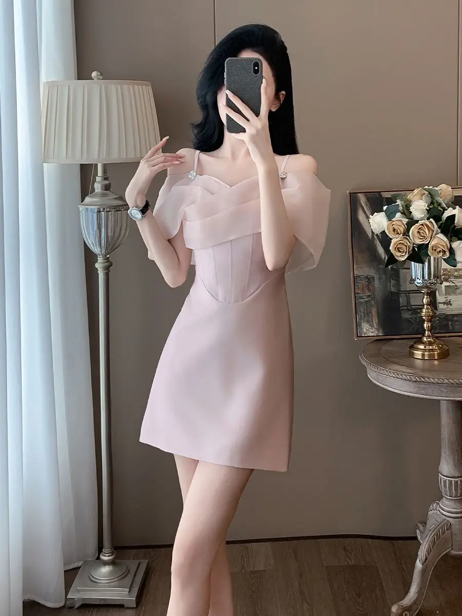 

Summer Celebrity Light Luxury Pink Elegant Birthday Dress for Women Sleeveless Spaghetti Splicing Fishbone Slim Short Dress