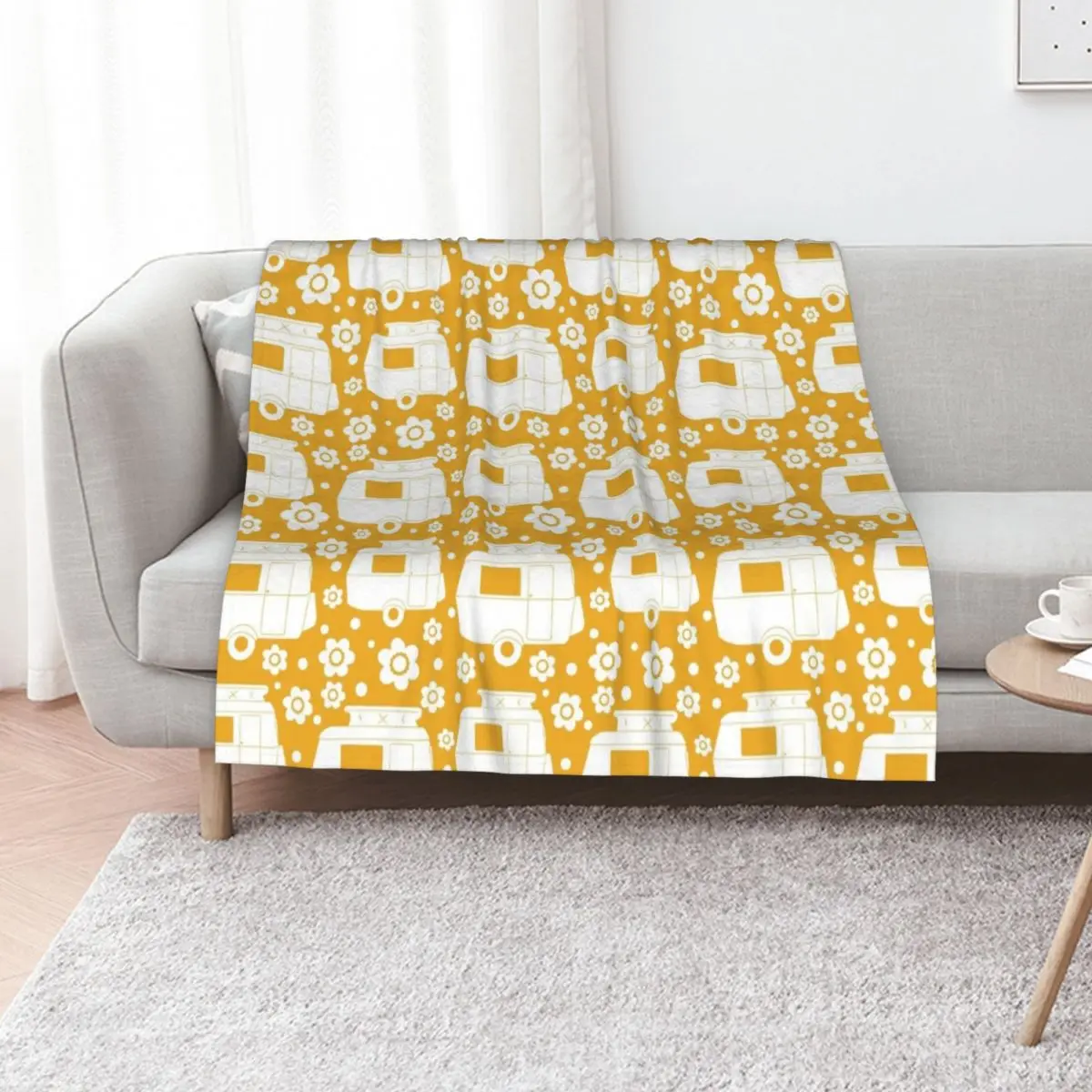 Daisy Polka Dot Vintage Caravan Pattern in Mustard Yellow and White Throw Blanket Decoratives Flannel Fabric Designers Blankets