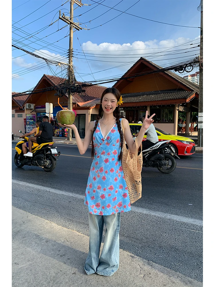 Blaue Spitze V-Ne Sommer Dr Damen Träger Hohe Taille A-Linie Rock Lässig Pendeln Sle Polyesterfaser No Sve Dr