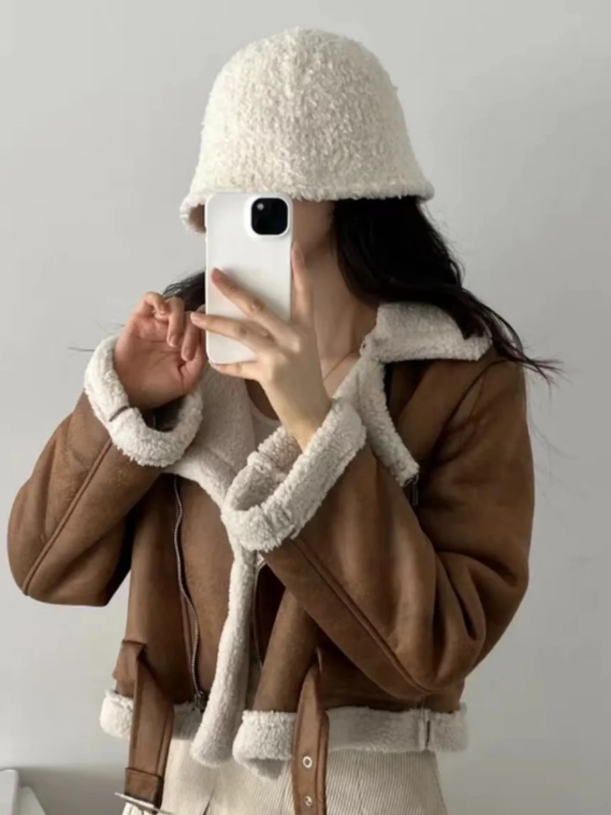 Korean Sle ort Biker Jaet Lamb Fur Lined Faux Suede  Thiened Winter Coat Women's Faion Trend