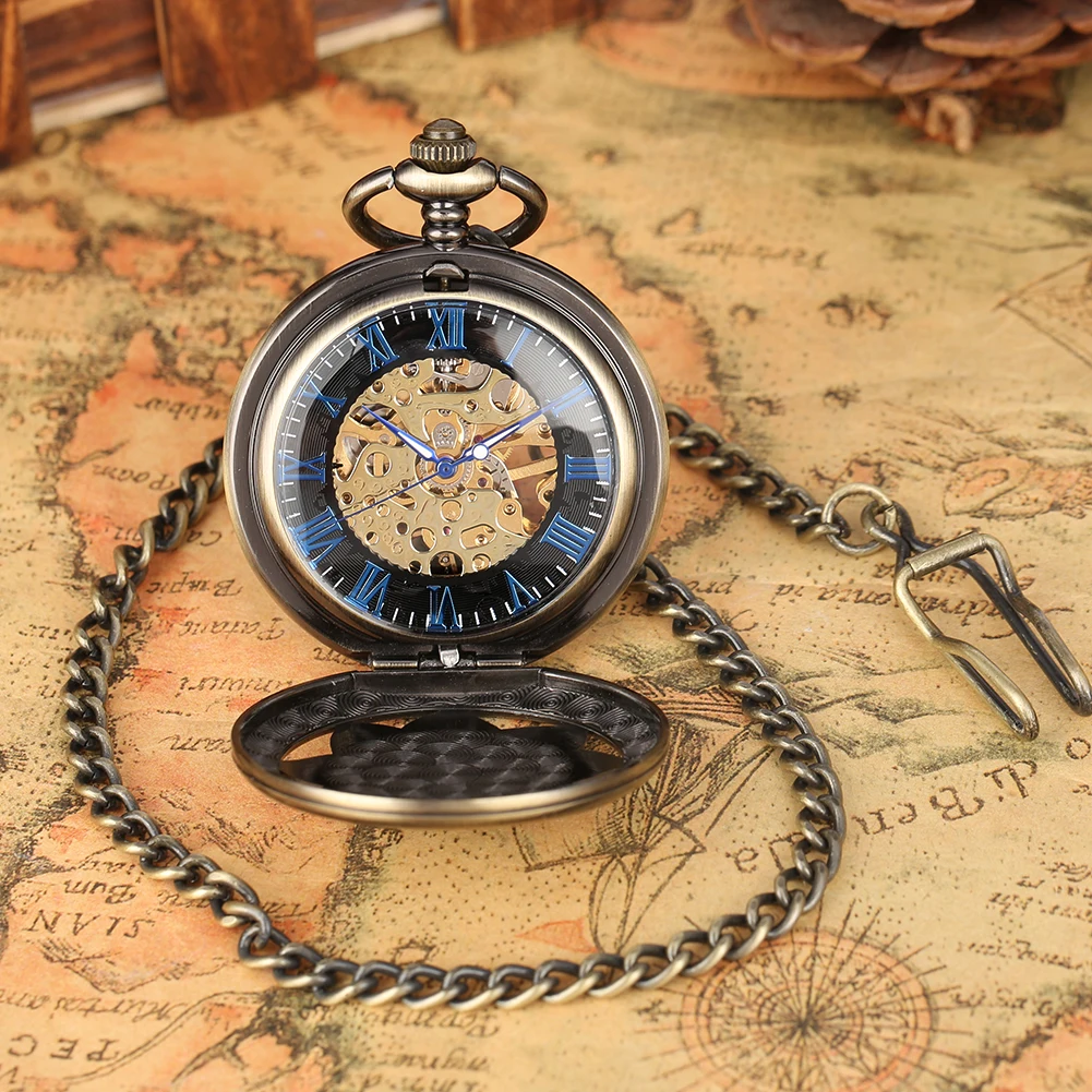 Blue Roman Numerals Dial Bronze Charm Blooming Flower Mechanical Hand Winding Pocket Watch Men's Retro Pocket Chain Timepiece