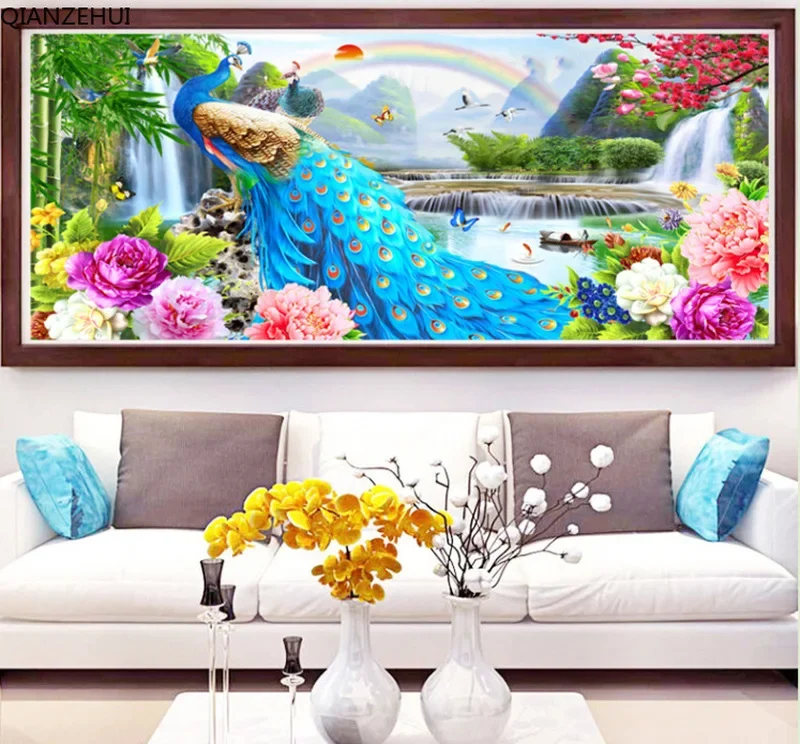 

DIY full Diamond Embroidery,Round Diamond peacock peony scenery Living room decoration rhinestone beads Diamond painting