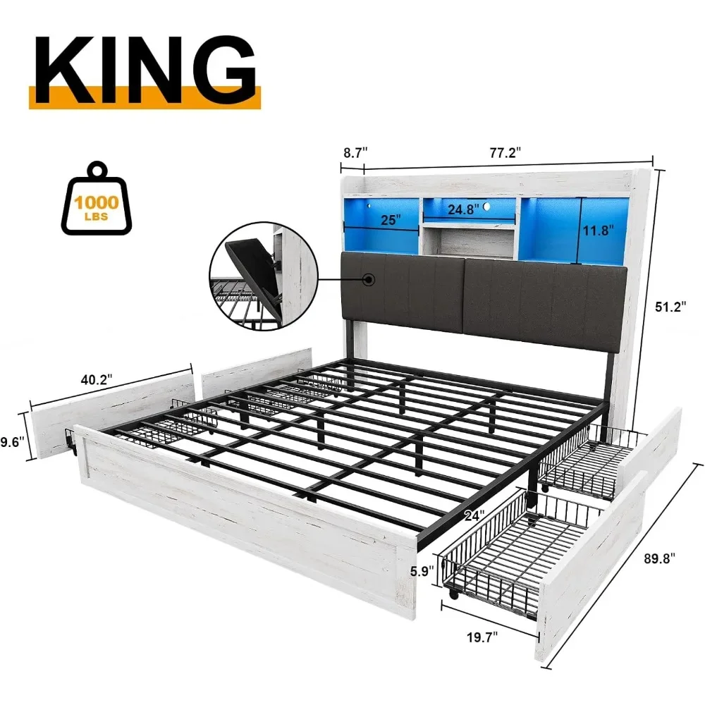 Marco de cama King con cabecera, estación de carga con 4 cajones de almacenamiento, soporte de listones de madera, no necesita somier, marco de cama LED