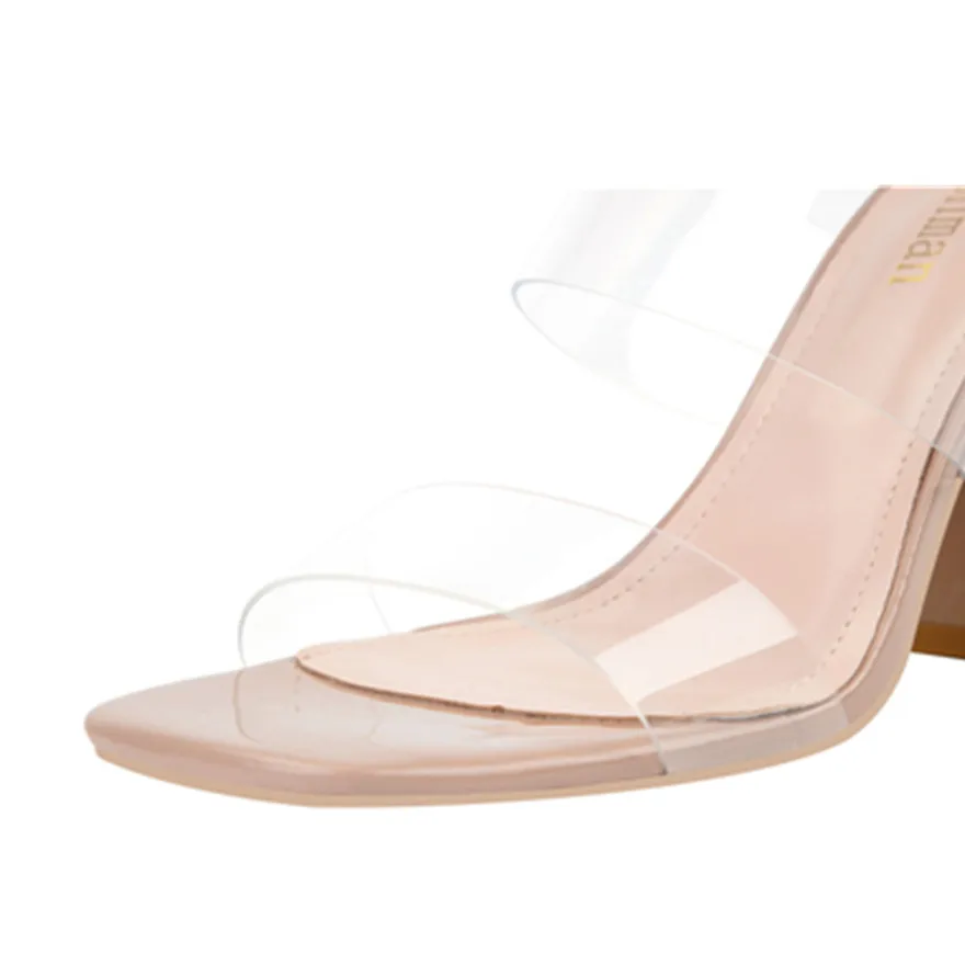 Concise Patent Leather High Heels Shoes Women's Slippers Open Toe Transparent Band Ladies Slides Black White Slip On Party Pumps