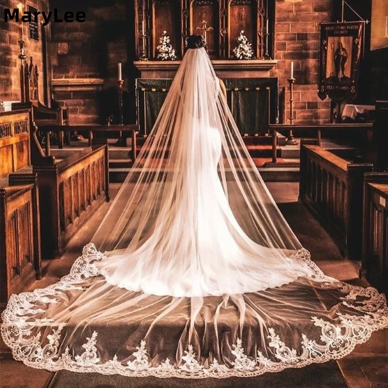 

Vintage Cathedral Long Bridal Veil with Lace Appliques Edge 1 Tier White Ivory Tulle Wedding Veils Bride Veils Velo Largo Blanco